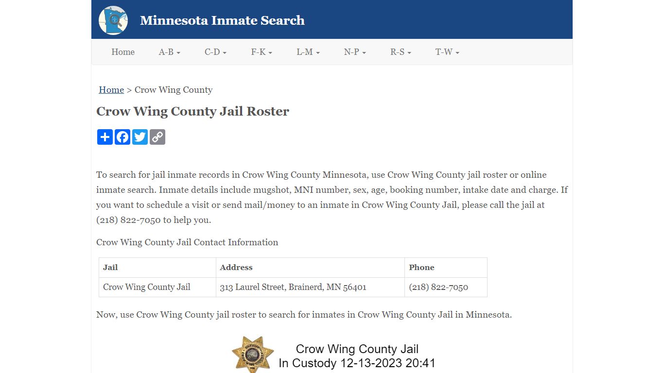 Crow Wing County Jail Roster - Minnesota Inmate Search